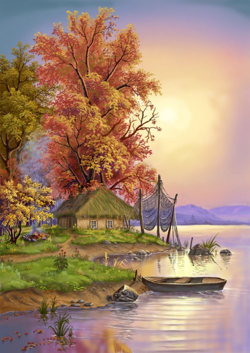 осенний пейзаж - птицы, природа, деревья, вода, дом, осень, река - оригинал