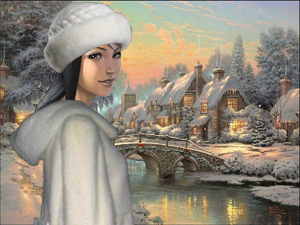 Пришла зима - зима, девушка, мост, деревня - оригинал