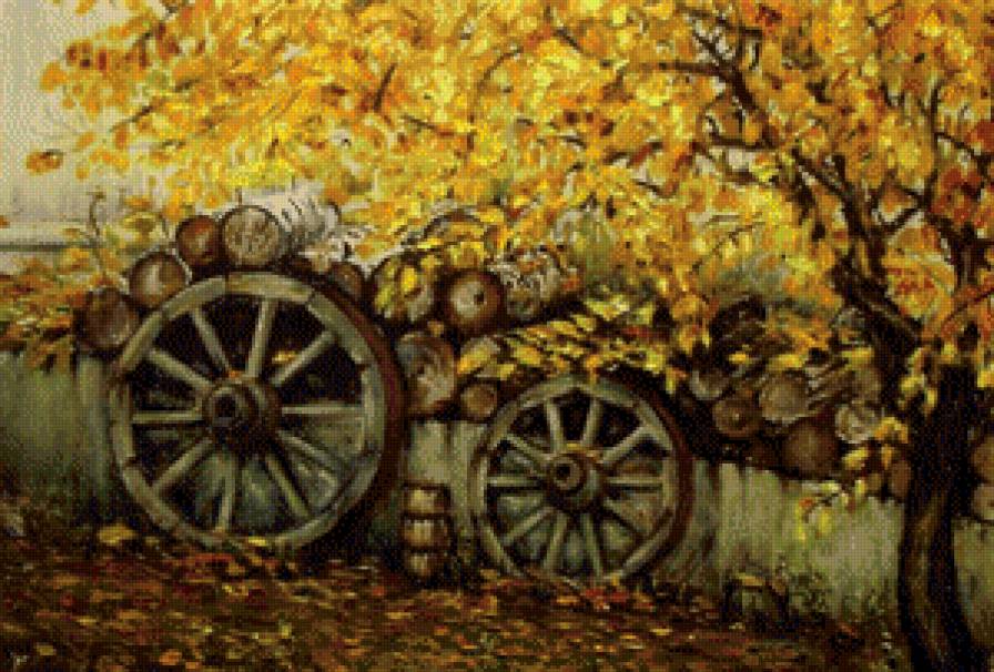 осень на дворе - дрова, дорога, дерево, живопись, колеса, природа, картина - предпросмотр
