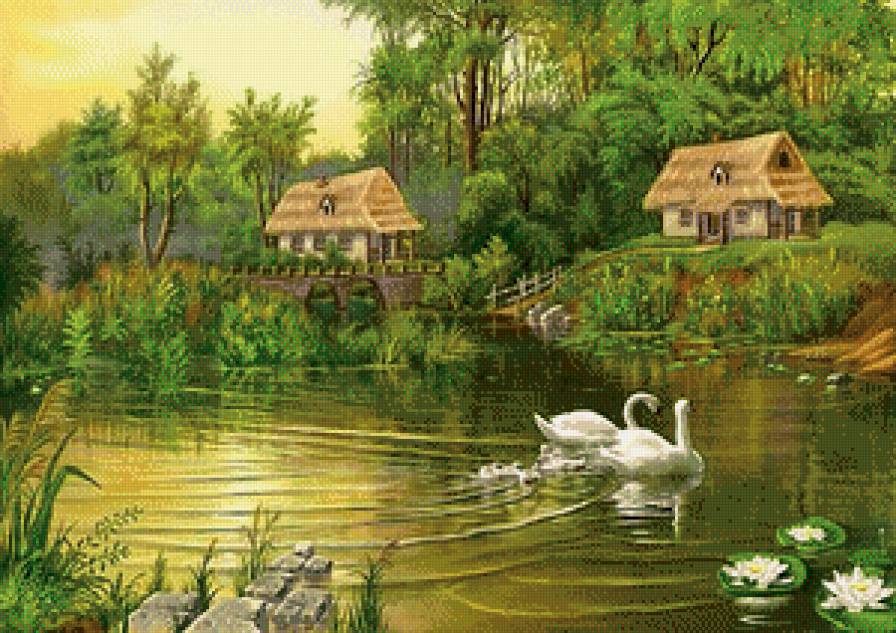 Гуси на пруду - предпросмотр