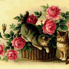 Оригинал схемы вышивки «котята в розах» (№455405)