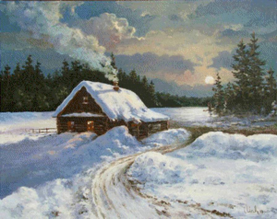 Зимняя ночь - зимний пейзаж, зима, ночной пейзаж - предпросмотр