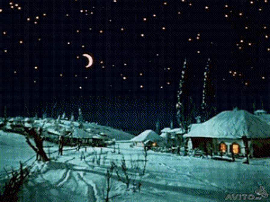 Ночное село - деревенск, зимний пейзаж, месяц, зима, село, ночь, ночной пейзаж - предпросмотр