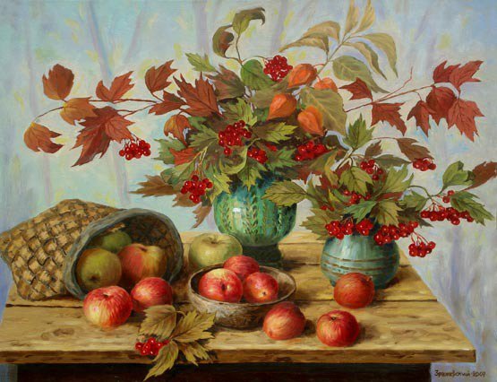Осенний натюрморт - осень, фрукты, рябина, яблоки - оригинал