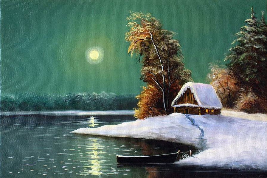 Лунная ночь - зима, ночной пейзаж, зимний пейзаж, село - оригинал