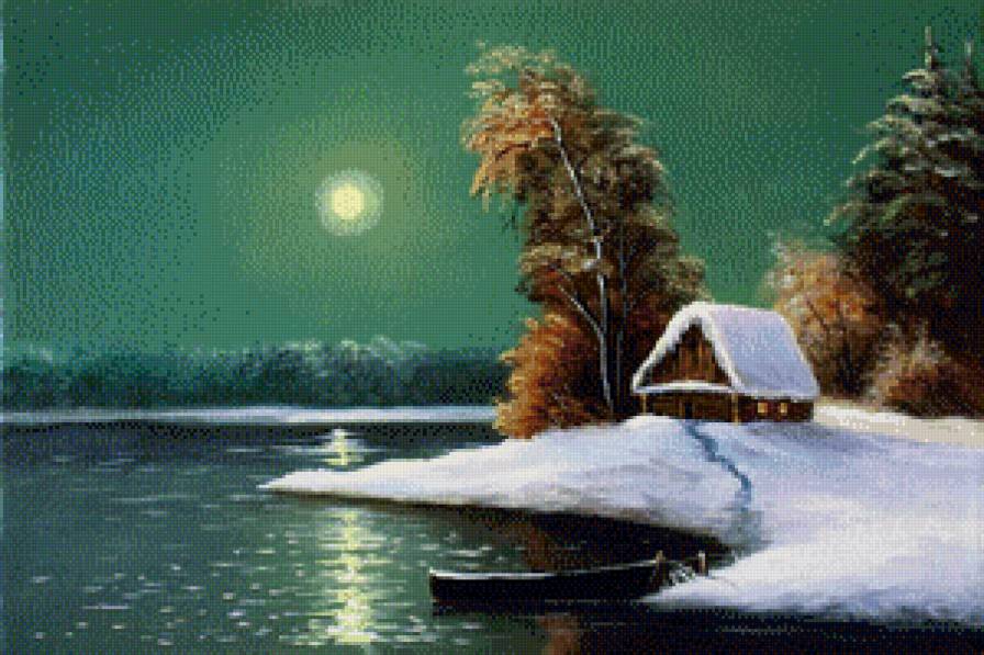 Лунная ночь - зимний пейзаж, село, зима, ночной пейзаж - предпросмотр