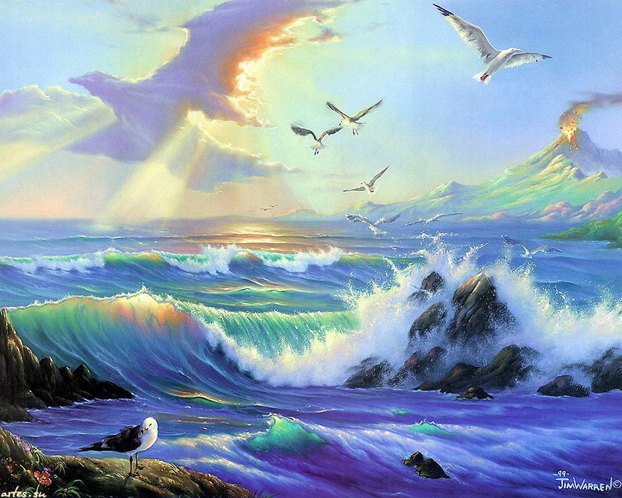 морской пейзаж - чайки, вода - оригинал