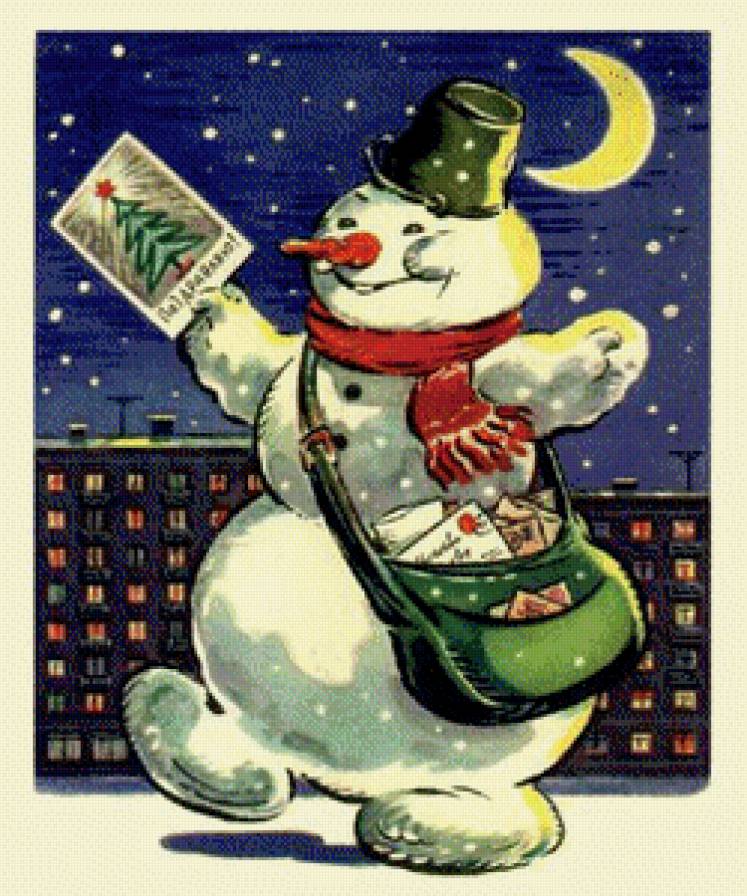 Новогодний почтальон - зима, снеговик, новый год, ночь - предпросмотр