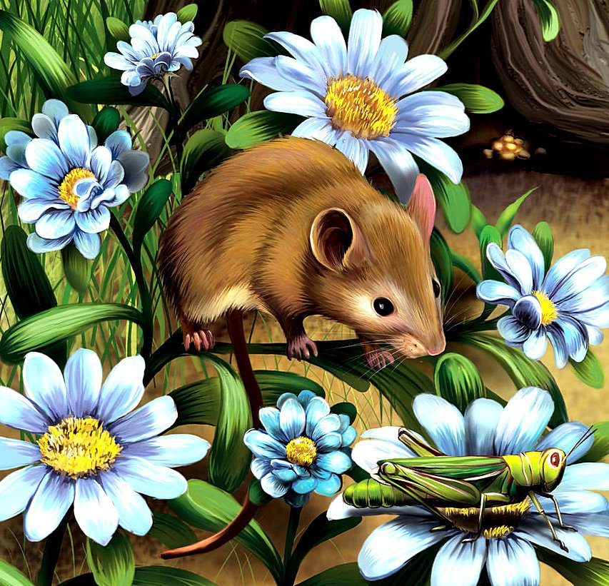 Удивительный мир - цветы, насекомые, кузнечик, мышонок, животные, ромашки - оригинал