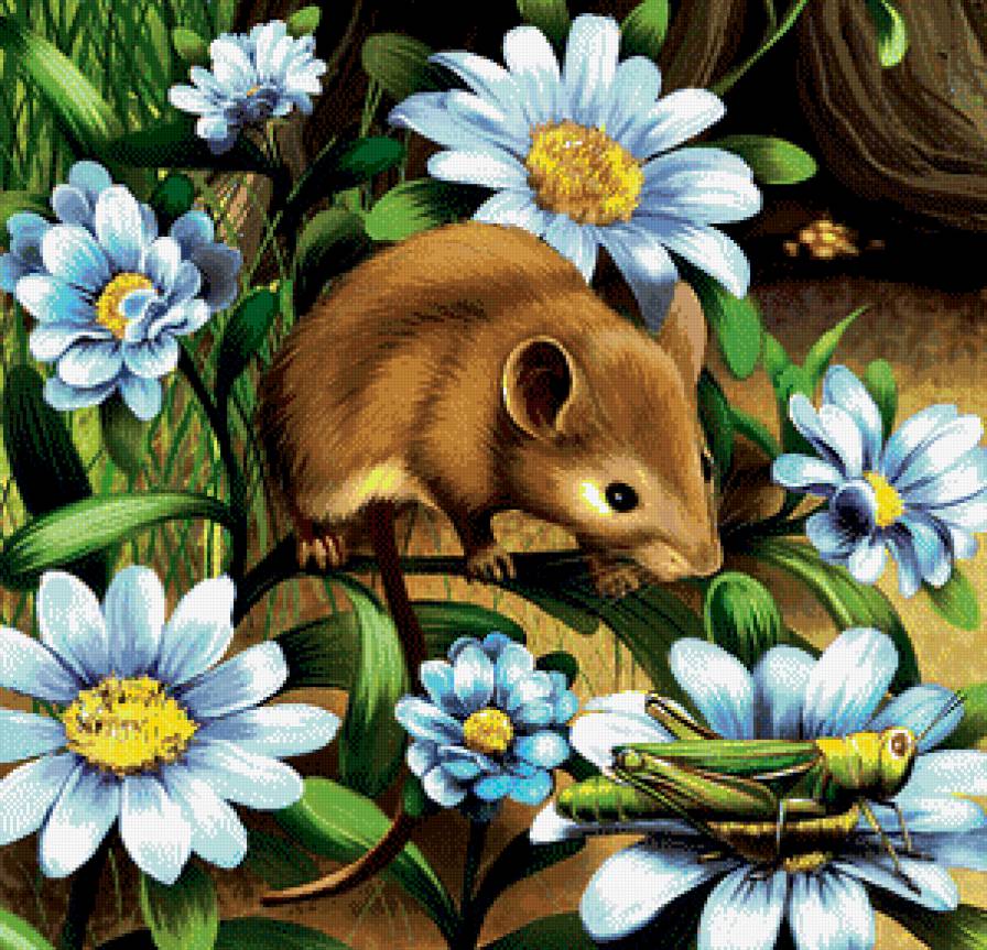 Удивительный мир - ромашки, мышонок, кузнечик, насекомые, животные, цветы - предпросмотр