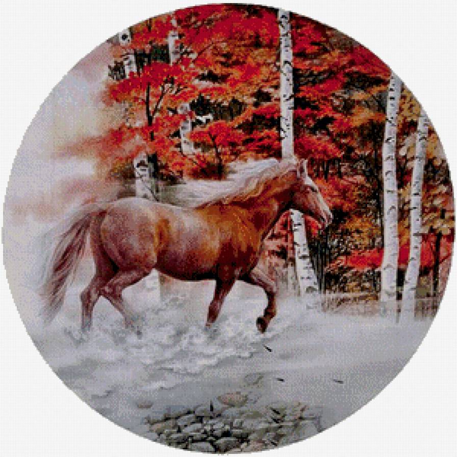 лошадь - животное, природа, картина, осень, лес, живопись - предпросмотр