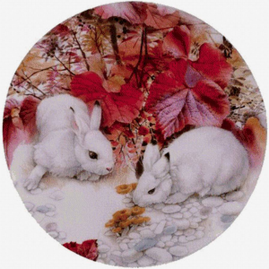 зайки - картина, животные, клен, пара, осень, живопись, грибы - предпросмотр