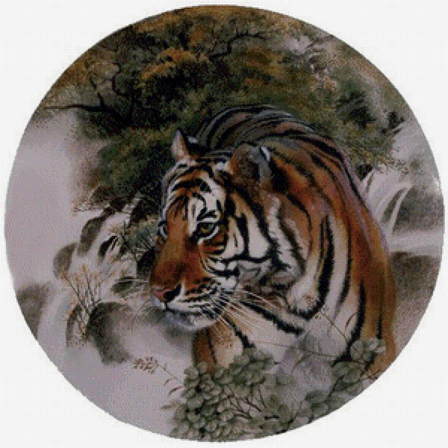 тигр - живопись, картина, хищник, дерево - предпросмотр