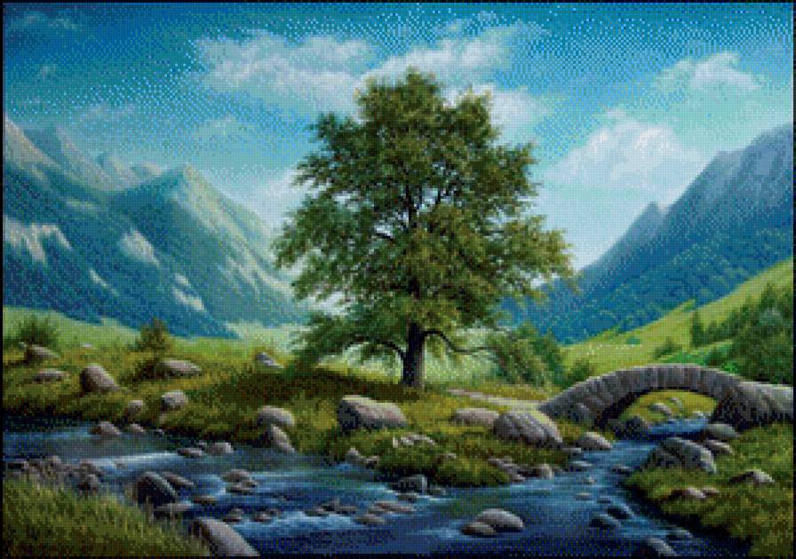 Горный пейзаж - горы, дерево - предпросмотр