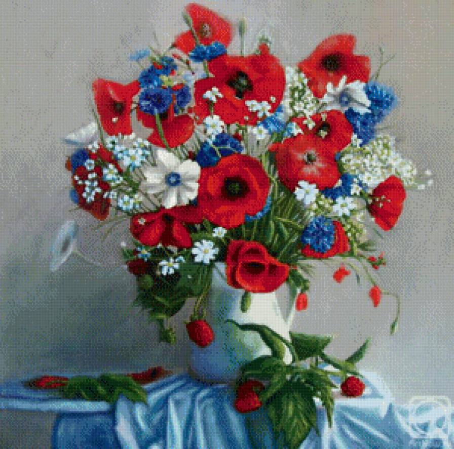 Букет цветов - маки, васильки, ромашки - предпросмотр