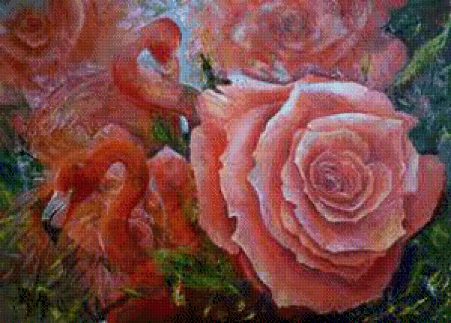 розы-фламинго - иллюзия, птицы, живопись, цветы, розы - предпросмотр