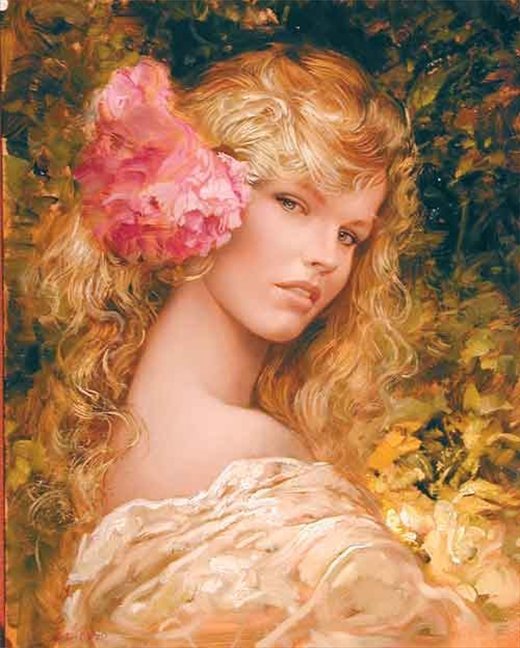девушка с розой - люди, роза в волосах, красивая, девушка, живопись - оригинал