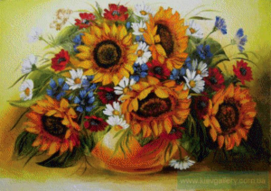 Жаркий букет - букет, подсолнухи, ромашки, васильки - предпросмотр