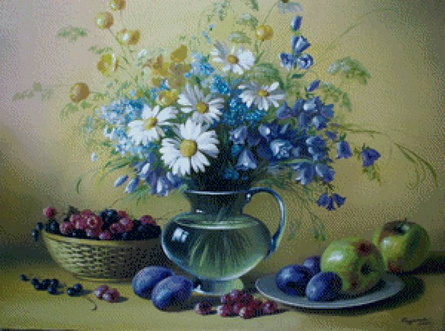 Цветочный натюрморт - цветы, фрукты - предпросмотр