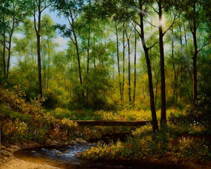 картина - пейзаж, речка, лето, лес, природа - оригинал