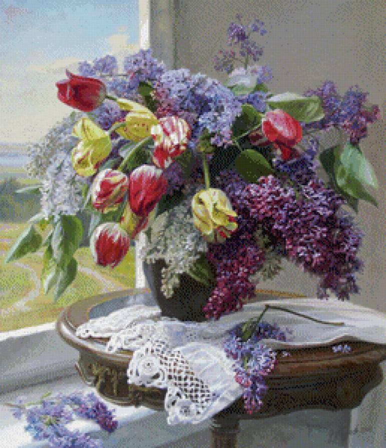 Букет на окне - тюльпаны, цветы, сирень - предпросмотр