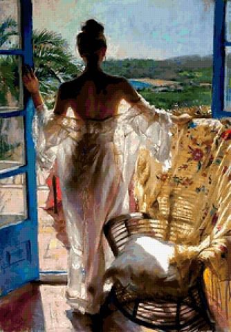 утро на веранде - дама, веранда, утро, красавица, женщина, девушка - оригинал