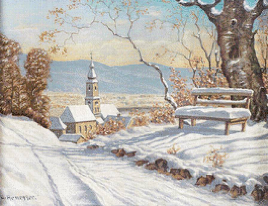 зимний пейзаж - скамейка, пейзаж, деревня, церковь, зима - предпросмотр