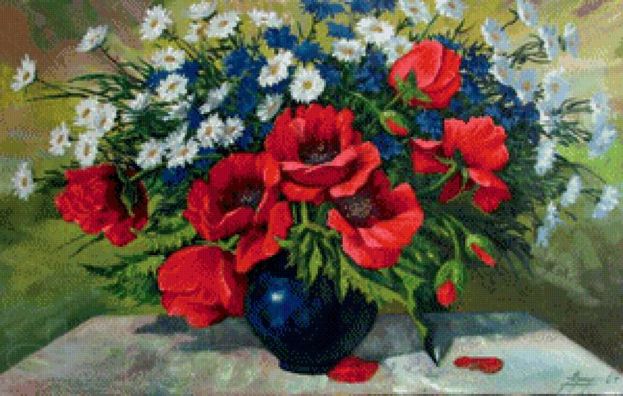 Летний букет - ромашки, маки, васильки - предпросмотр