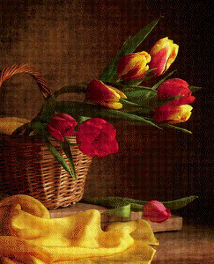 Корзина с тюльпанами - натюрморт, тюльпаны - предпросмотр
