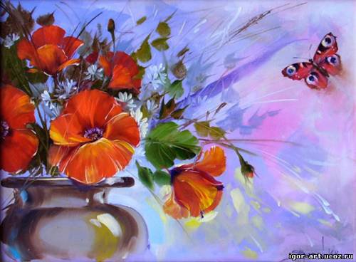 Бабочка над маками - маки, бабочка, цветы - оригинал