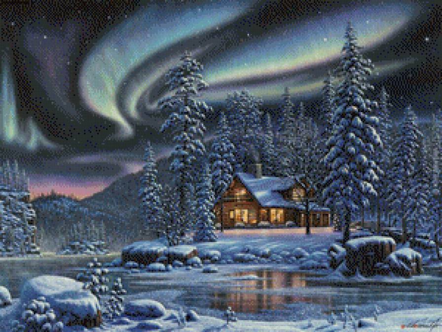 Северное сияние - зимний пейзаж, село, ночной пейзаж, зима - предпросмотр