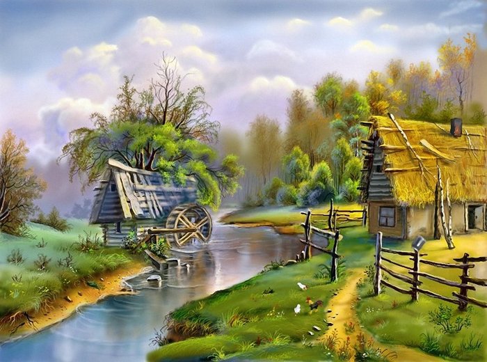Речная мельница - село, сельский пейзаж, река - оригинал