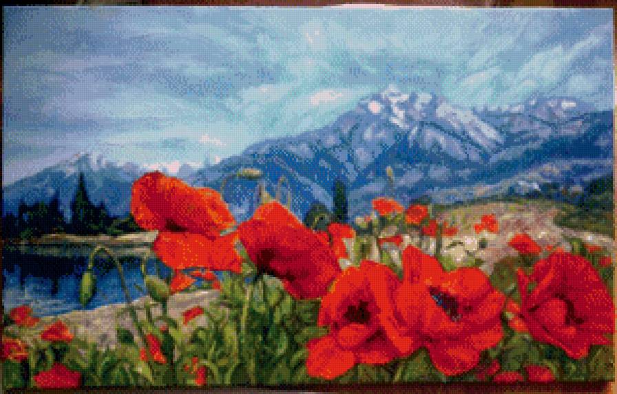 Горный пейзаж - летний пейзаж, цветы, маки, лето, горы - предпросмотр