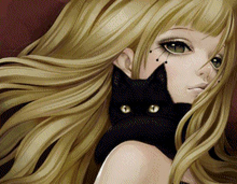 девушка и черный котик - девушка, фэнтези, котик - предпросмотр