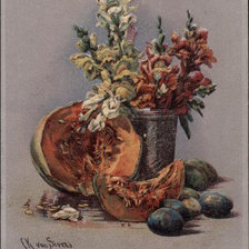 Flowers in Vase surrounded by Fruit
