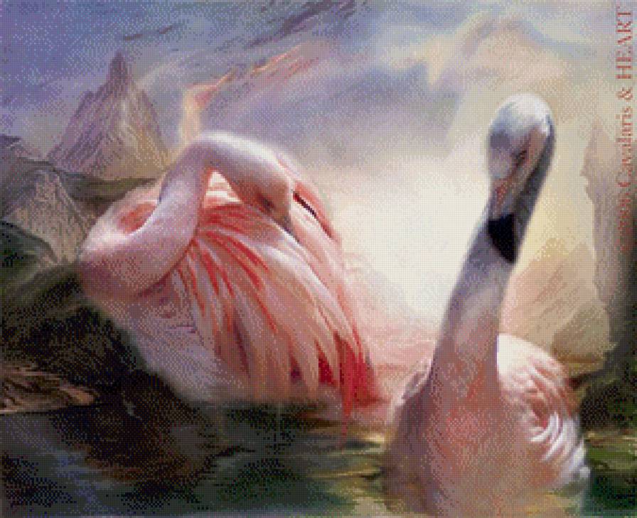 Серия "Птицы" - пейзаж, птицы, горы, фламинго - предпросмотр