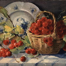 Basket or Red Berries on a Table with a Blue and White Pattern P