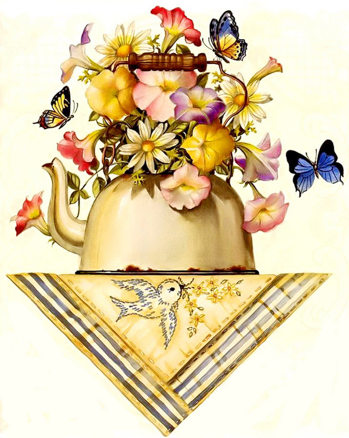 цветы на полке - колокольчики, ваза, кухня, чайник, букет, ромашка, салфетка, бабочка - оригинал
