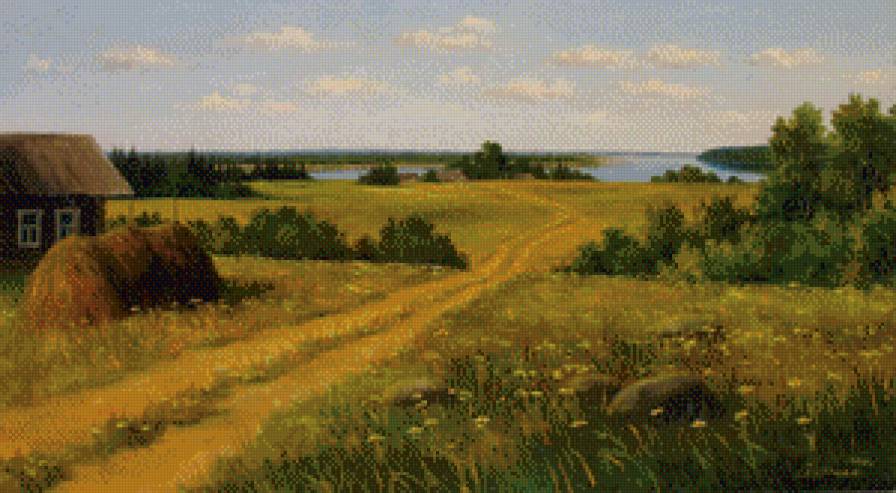 Деревенский пейзаж - сельский пейзаж, село, река - предпросмотр