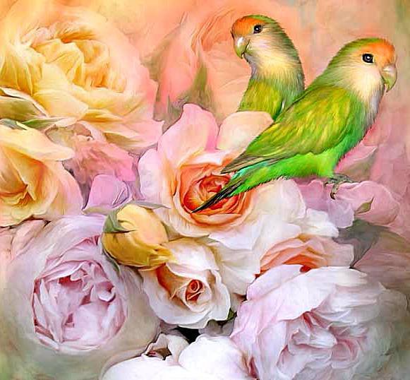 Попугайчики - цветы, птицы, попугаи, розы - оригинал