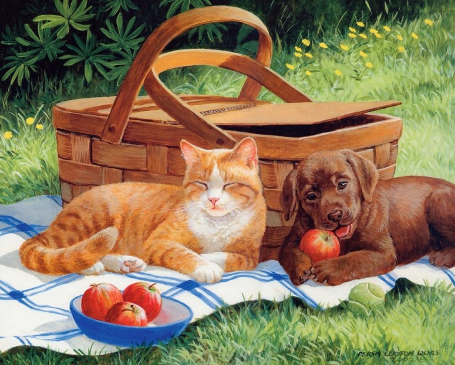 0153 - кошки, животные, красота, картина, природа, лето, собаки, щенок - оригинал