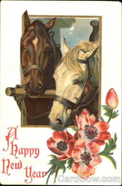 A Happy New Year - лошадь, символ года, винтаж - оригинал