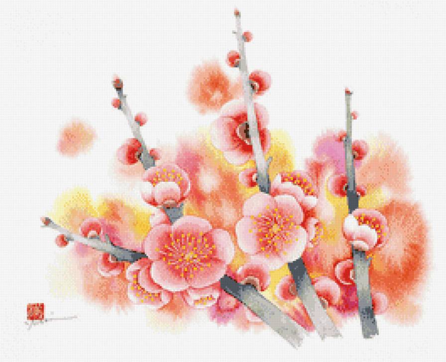 Японская цветочная акварель - восток, азия, цветы - предпросмотр