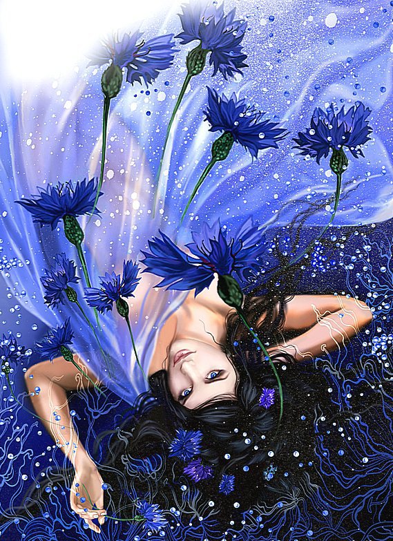 Васильки - женщина, цветы - оригинал