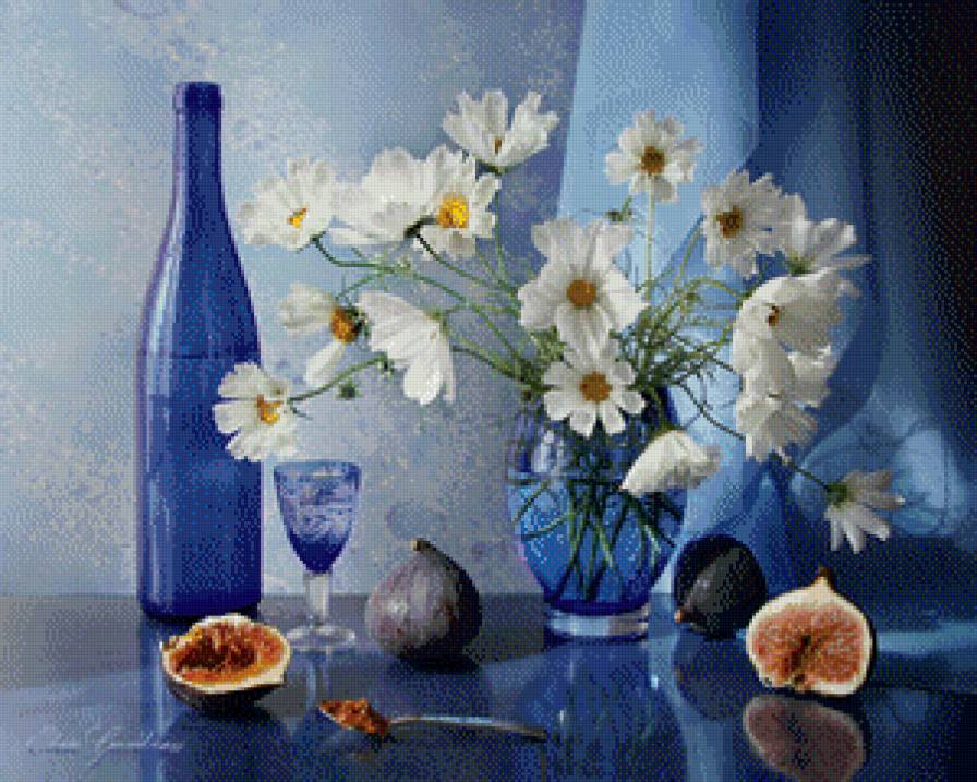 В голубом цвете - натюрморт, цветы, фрукты, ромашки - предпросмотр