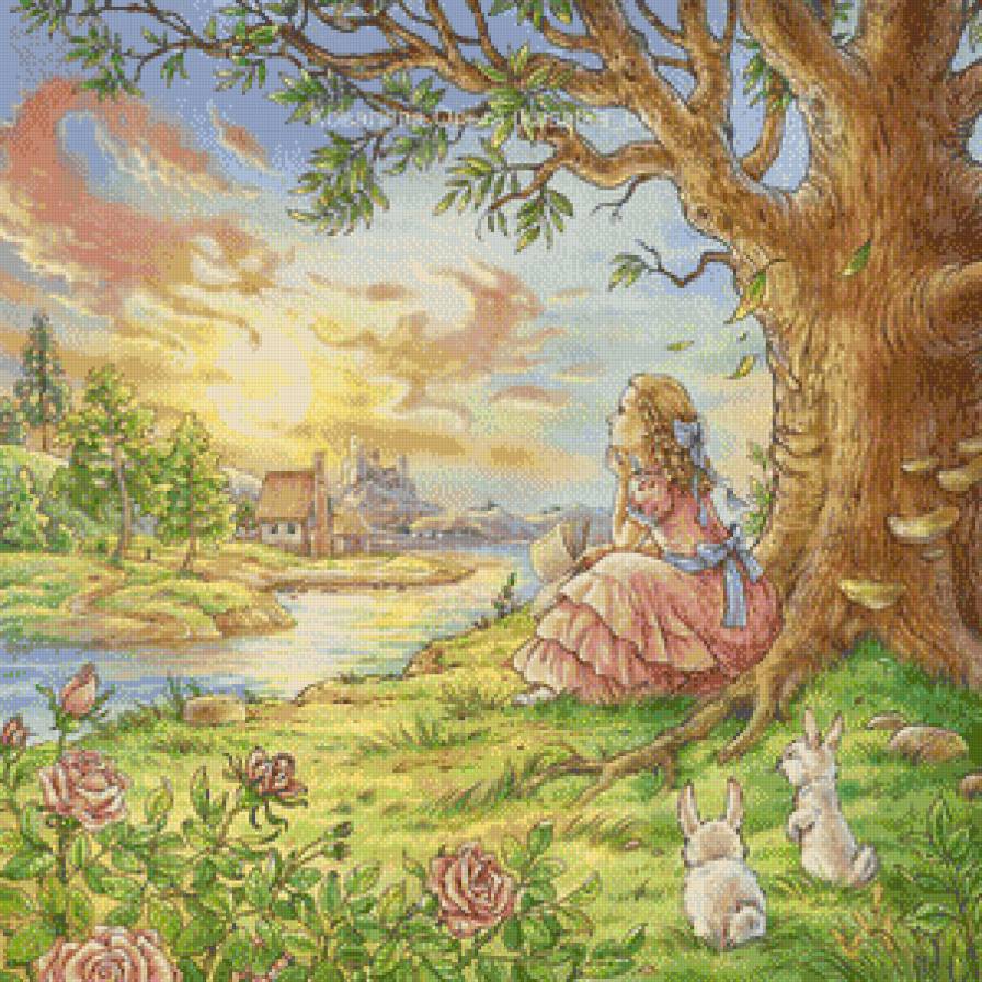 Серия "Пейзажи" - дети, кролики, пейзаж, девочка, домик, животные, река - предпросмотр