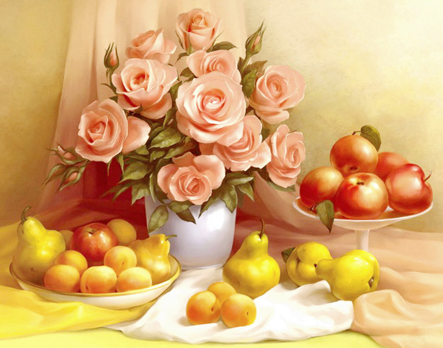 натюрморт - розы, живопись, ваза, посуда, цветы, кухня, яблоки, фрукты, груши - оригинал