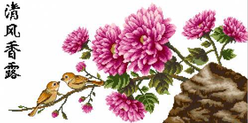 Хризантемы с птицами - азия, восток, цветы - оригинал