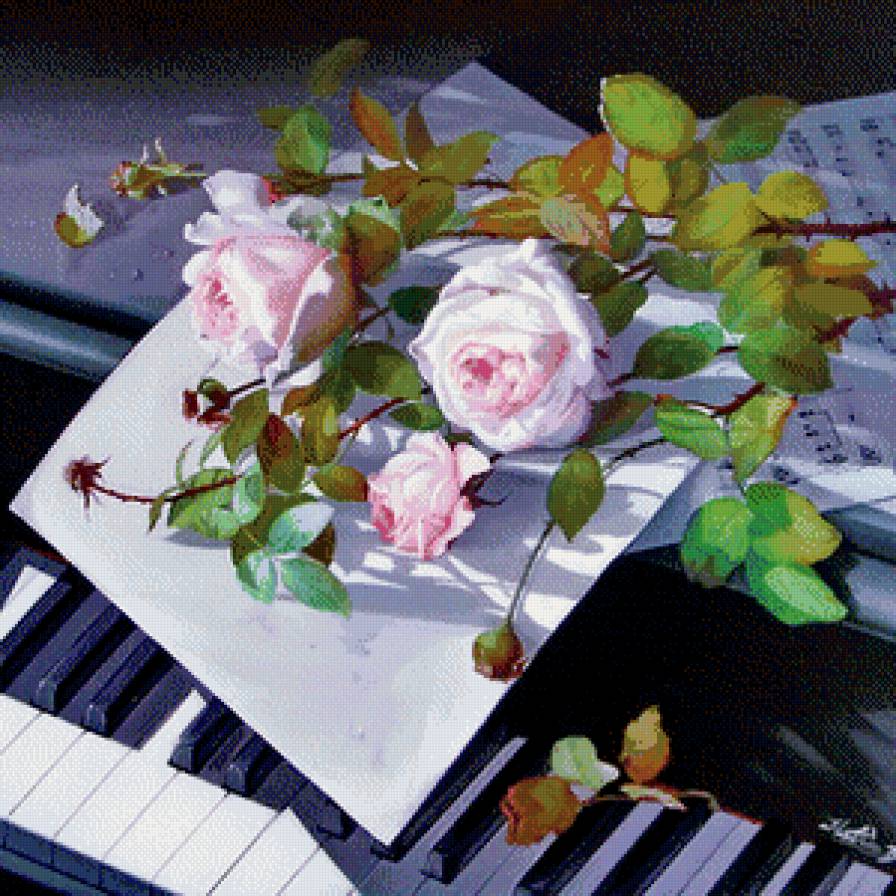 розы на рояле - букет, живопись, цветы, роза - предпросмотр