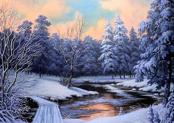 Рассвет - река, елки, зима, облака, пейзаж, мост, снег, рассвет - оригинал